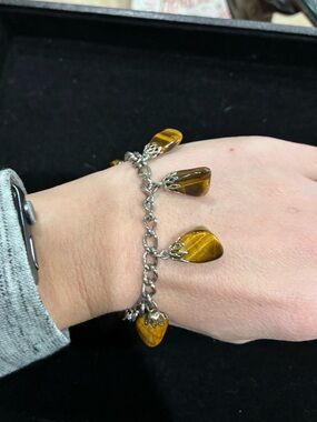 Vintage Natural Tigers Eye Silver Tone Charm Bracelet